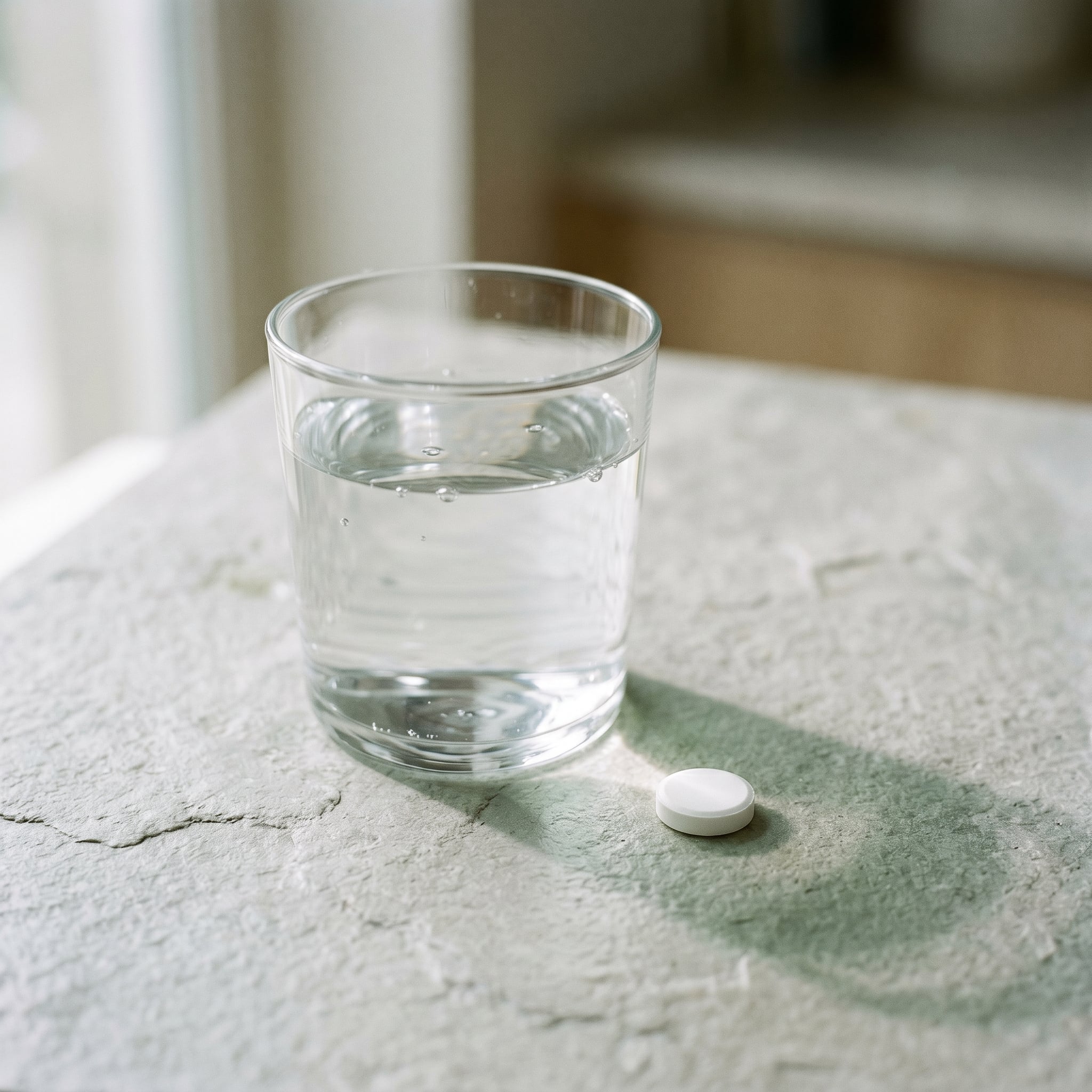 Comprimés et verre d’eau sur fond sobre